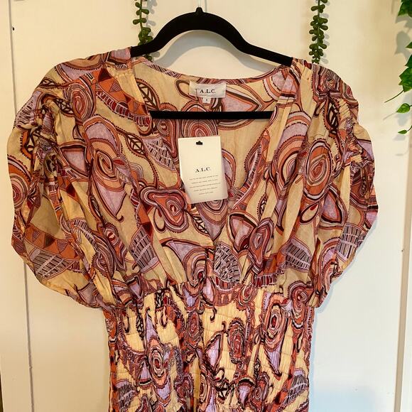 NWT A.L.C. Luna Mini Dress Smocked Ruched Ruffle ALC V-Neck Paisley Print sz S 4 - Picture 3 of 15
